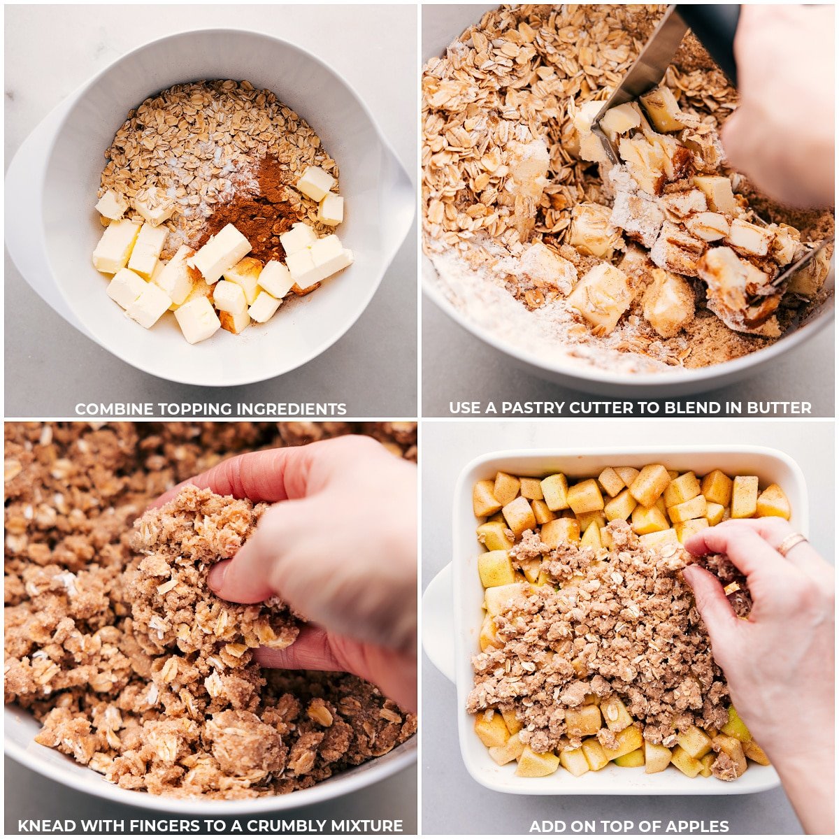 Preparing crumble topping for the apple crumble recipe, sprinkling it over apple filling, and ready for baking.