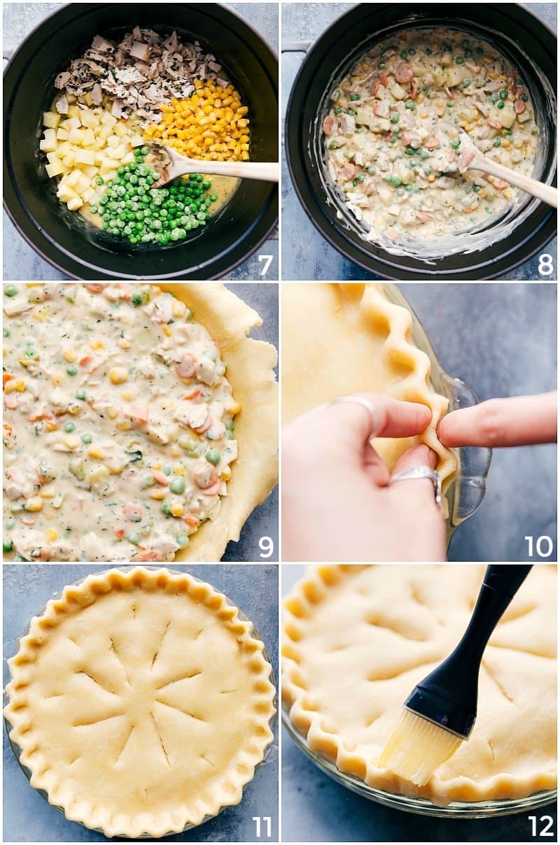 Filling being made and added to the crust, with the crust being brushed with butter, ready for baking.