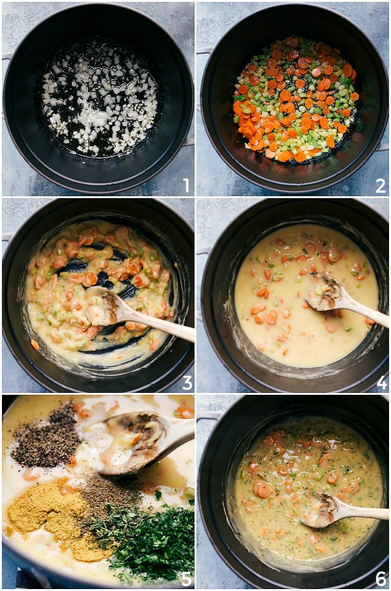 Making the filling for the dish, showing veggies being cooked, cream base preparation, and all ingredients mixed together.