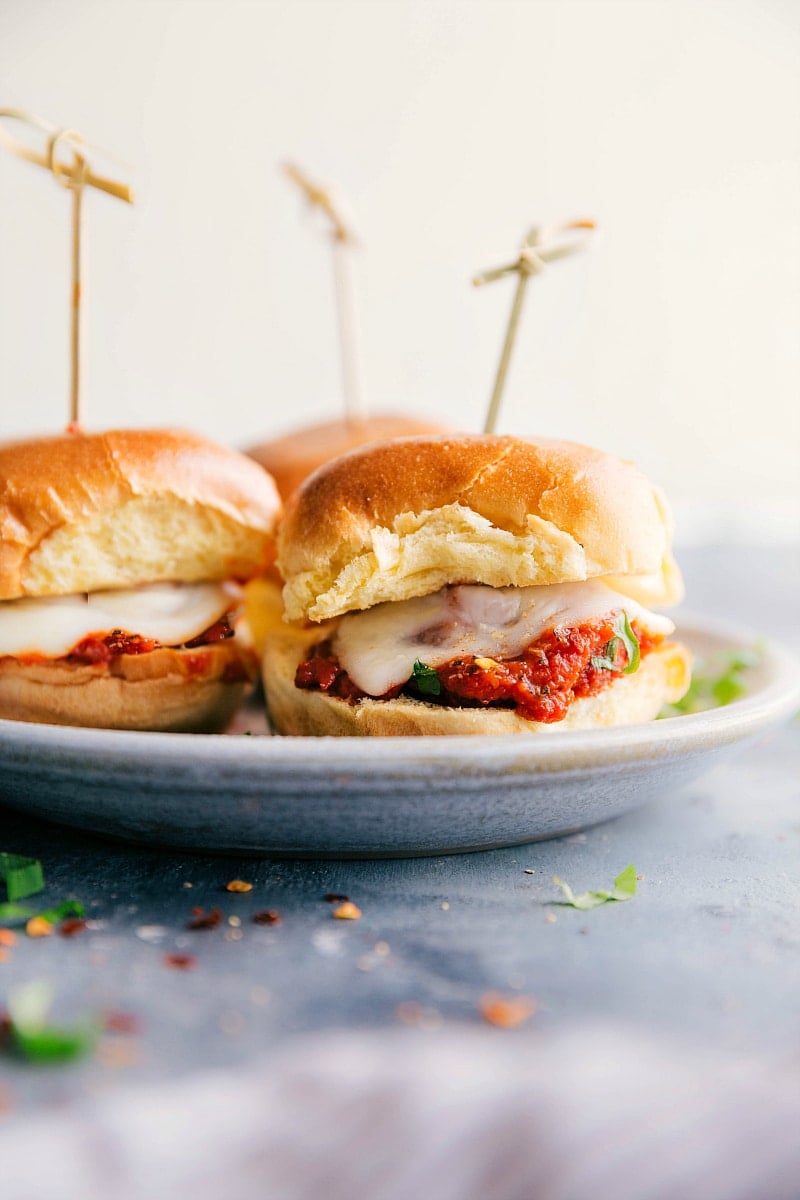 Image of the meatball sliders on a plate ready to be eaten