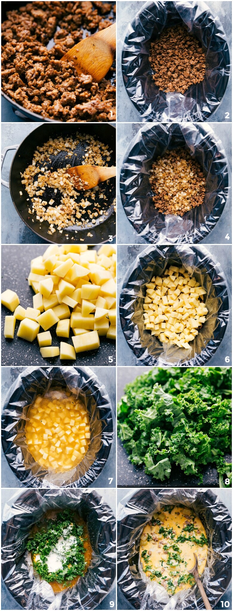 Meat cooking in a pot with potatoes and kale being added and mixed together.