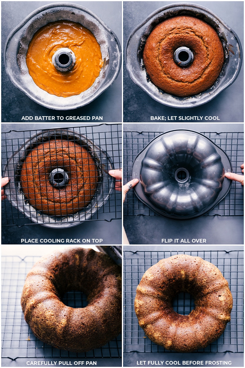 The finished pumpkin cake recipe being baked and then removed and cooled before frosting.