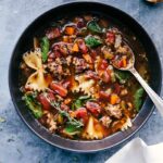 Pasta fagioli soup in a bowl, warm, delicious, and ready to be eaten.