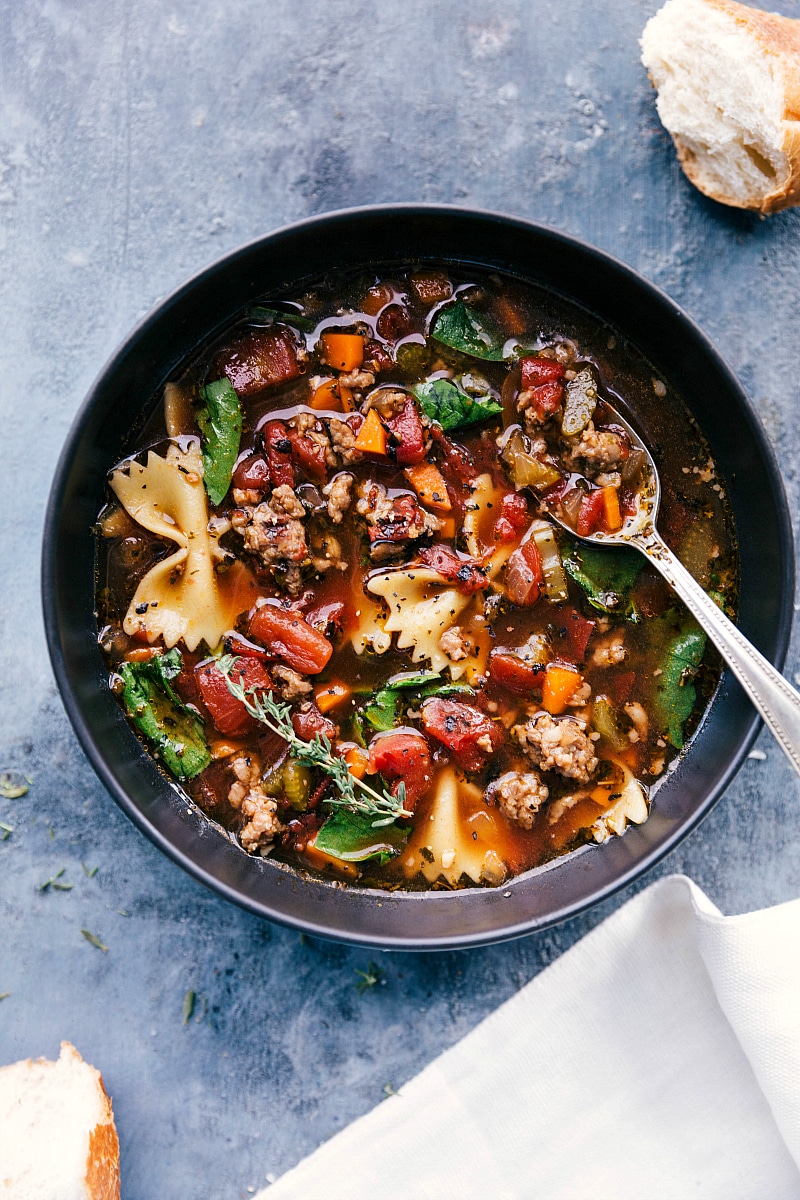 Overhead image of Pasta Soup in a bowl, ready to be eaten.