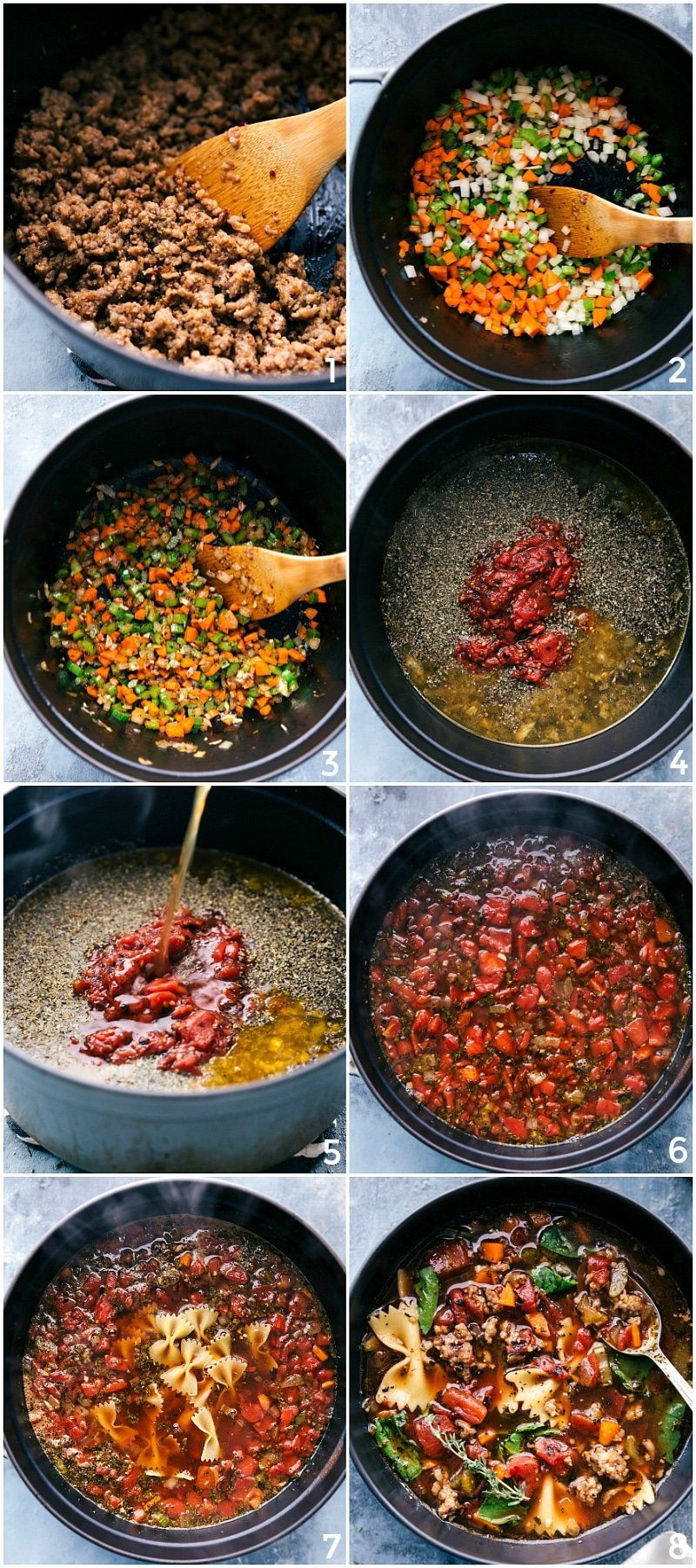 Browning the meat; sautéing the veggies; adding seasonings and diced tomatoes; mixing in broth; simmering; adding noodles and ready to serve.