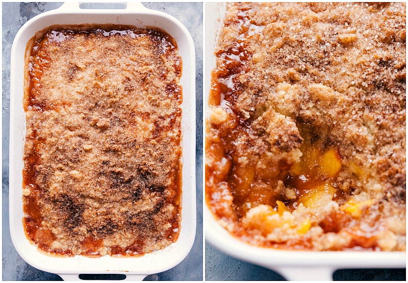 Finished peach cobbler recipe, fresh out of the oven, a delicious dessert ready to be enjoyed.