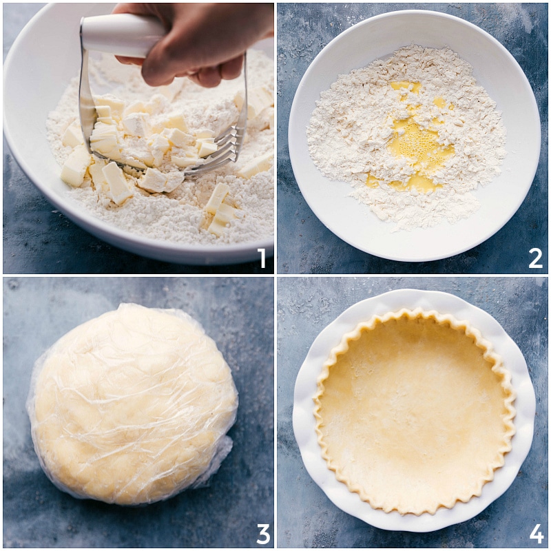 Making the pie crust and placing it into the pan.