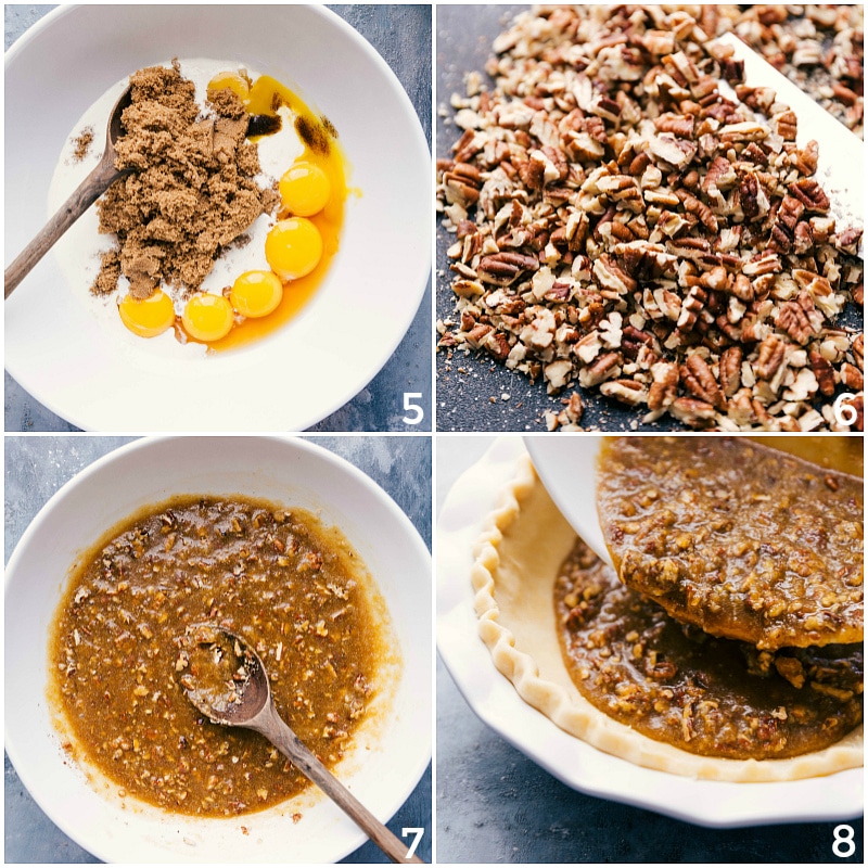 Making the pie filling, mixing wet ingredients, adding pecans, and pouring into the prepared pie pan to make the delicious pecan pie recipe.