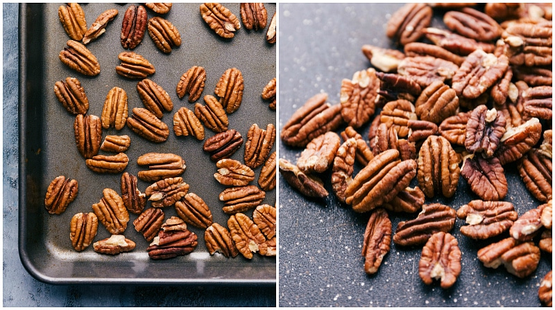 Process shot-- image of the pecans on a tray being toasted.