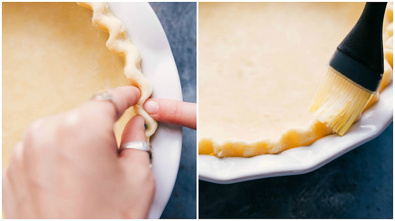 Process shot-- image of the crust being crimped and brushed with butter.