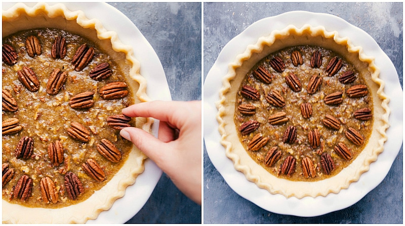 Delicately and beautifully placing the nuts on top of the filling before baking.