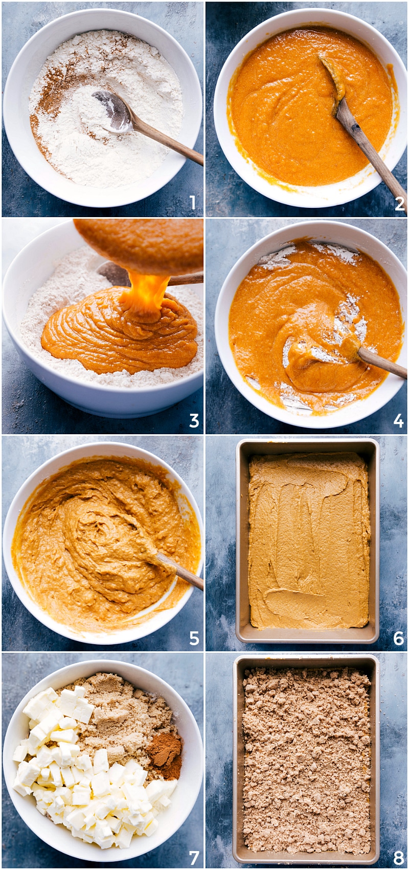 Prepping and mixing the dry and wet ingredients; pouring the mixture in the prepared baking pan; the crumble topping being made and sprinkled over the batter.