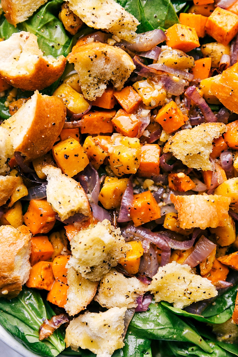 Up-close image of Roasted Veggie Salad, dressed and ready to be served.