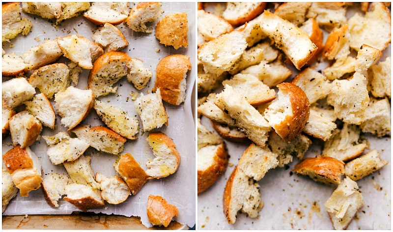 Overhead image of the homemade croutons being made that will go on this Roasted Veggie Salad.