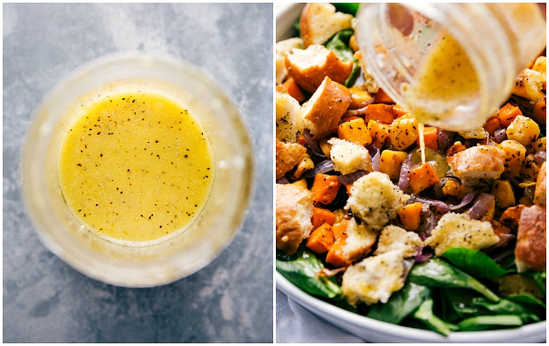 Lemon-honey vinaigrette being poured on the roasted veggie salad.