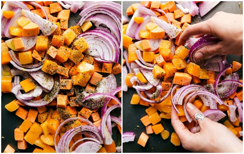 Overhead image of the veggies in Roasted Veggie Salad on a sheet pan, ready to be roasted.