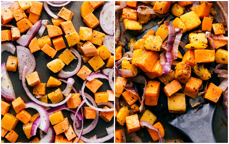 Overhead images of the roasted butternut squash and onions before being baked; fresh out of the oven image.