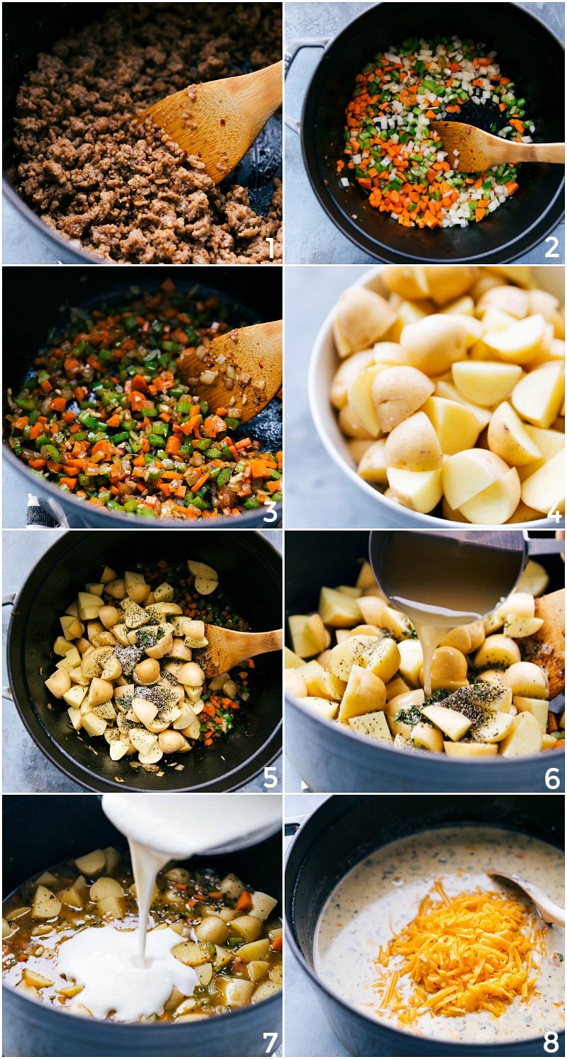 Process shots-- images of Sausage Potato Soup being made, showing the meat being cooked; veggies being cooked; and other ingredients being added and mixed together.
