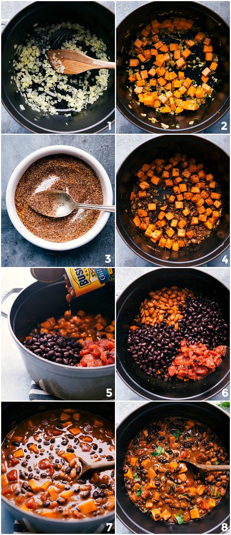 Process shots of making Sweet Potato Black Bean Chili: browning the onion; adding sweet potatoes; combining the seasonings; mixing seasonings in; adding beans and diced tomatoes; simmering; serve when fully thickened and tender.