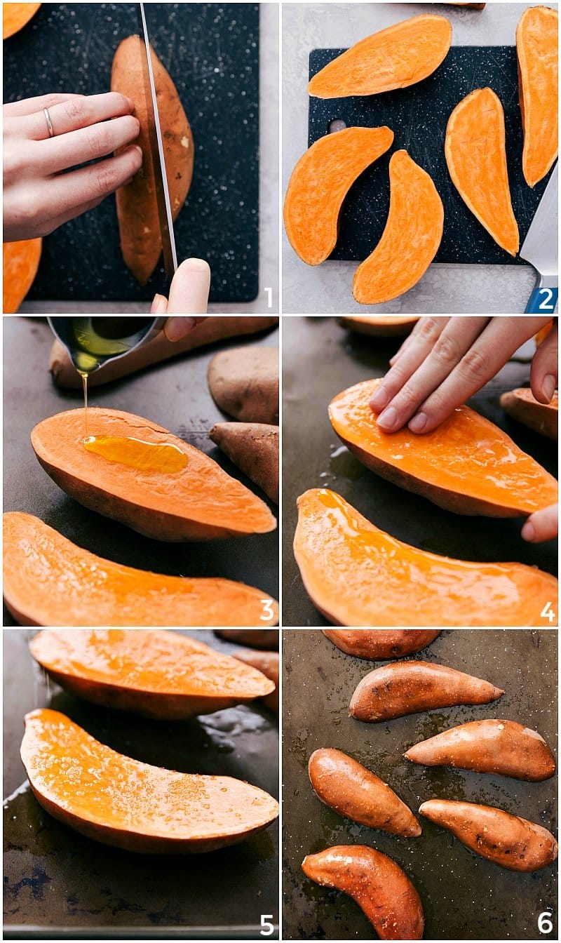 Prepping sweet potatoes for the oven, by cutting and drizzling with oil and salt and pepper.