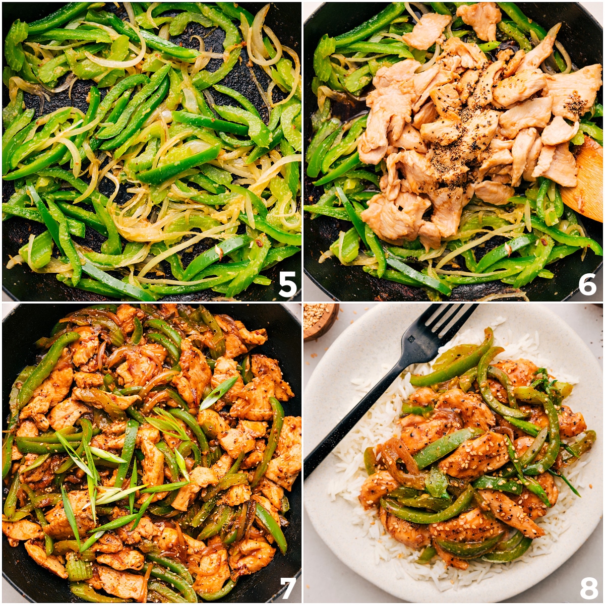 Chicken added to sautéed peppers, cooked together in the skillet, then plated and served.