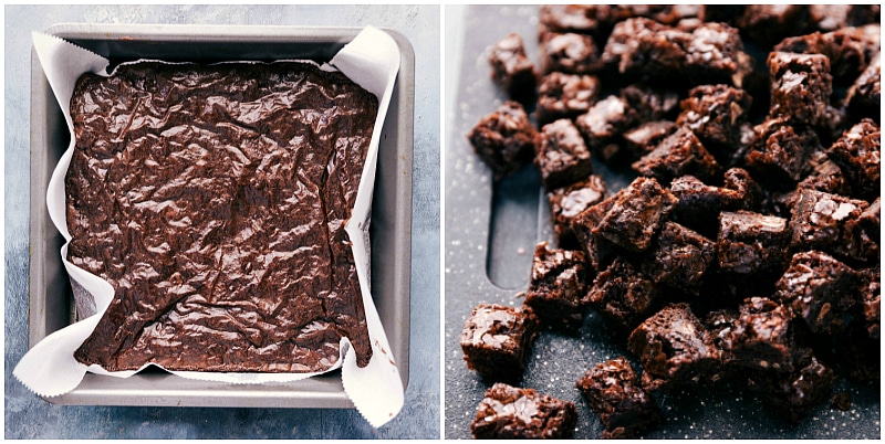 Small, bite-sized cubes of freshly baked brownies, ready to be added to the dessert.