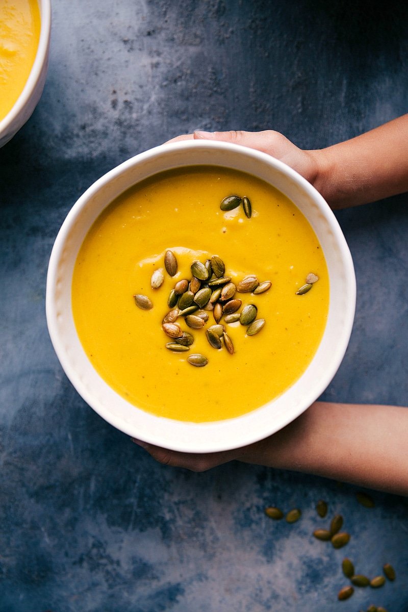 Overhead image of a bowl of Butternut Squash Soup.