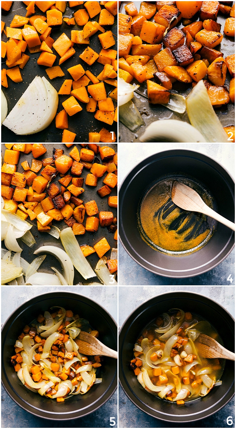 Butternut squash and onions being roasted, then transferred to a pot for cooking the butternut squash soup recipe.