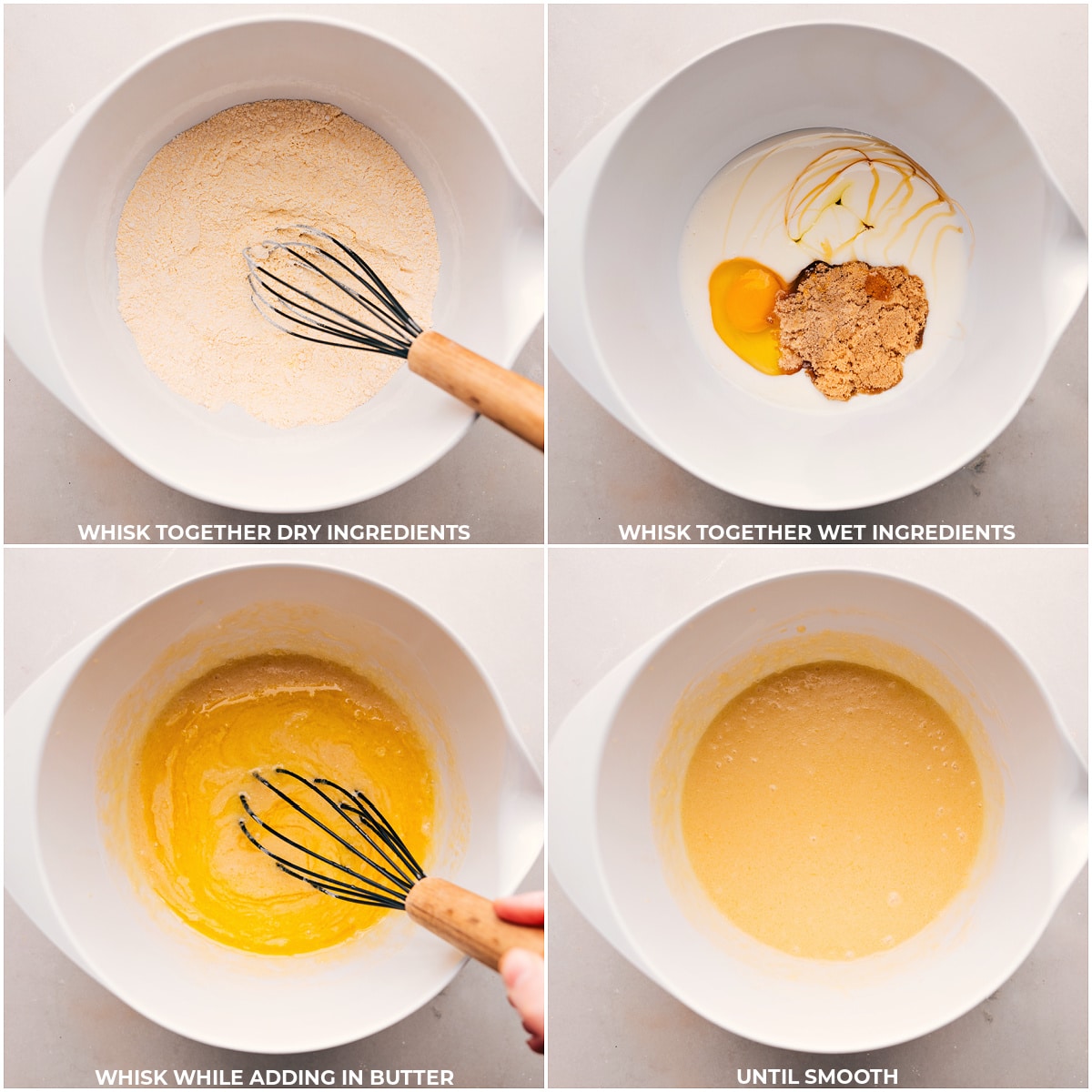 Whisking dry ingredients until combined, followed by adding wet ingredients and whisking until the mixture is smooth.
