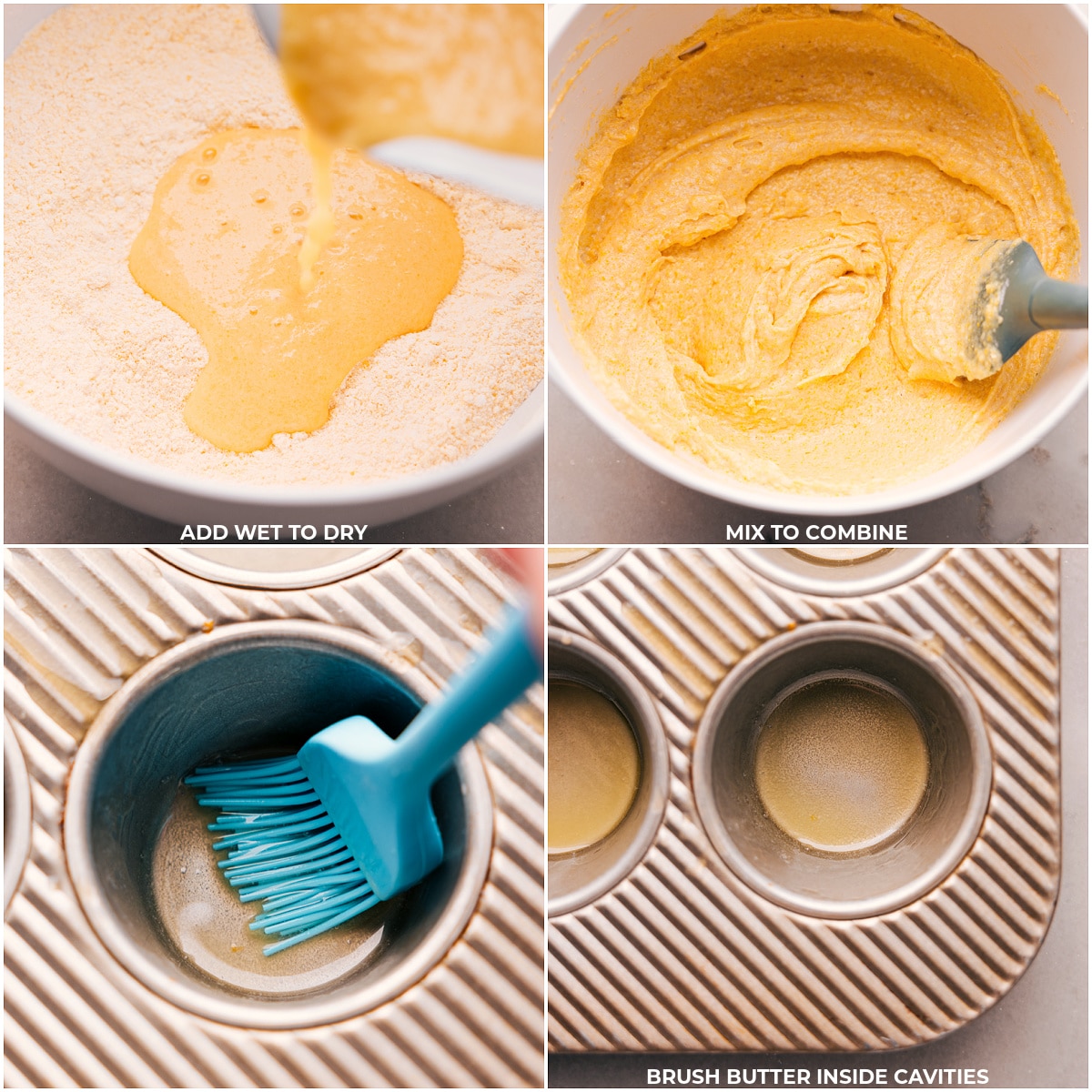 Mixing wet and dry ingredients together, and brushing a muffin tin with butter using a pastry brush, in preparation for baking.