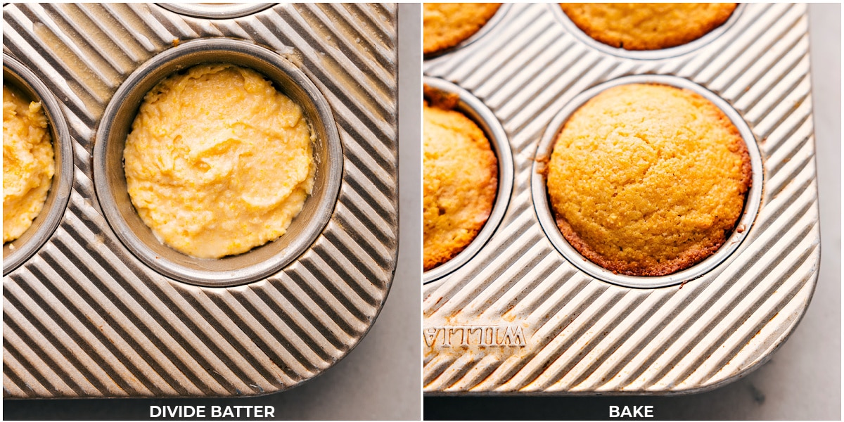 Filling a tin with batter and baking until the tops achieve a golden, crisp texture.