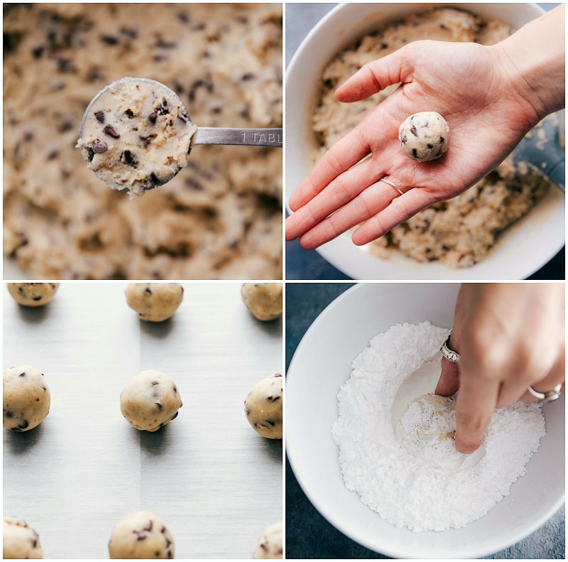 Snowball Cookies With A Chocolatey Twist The dough balls rolled out and dipped in powdered sugar before baking.