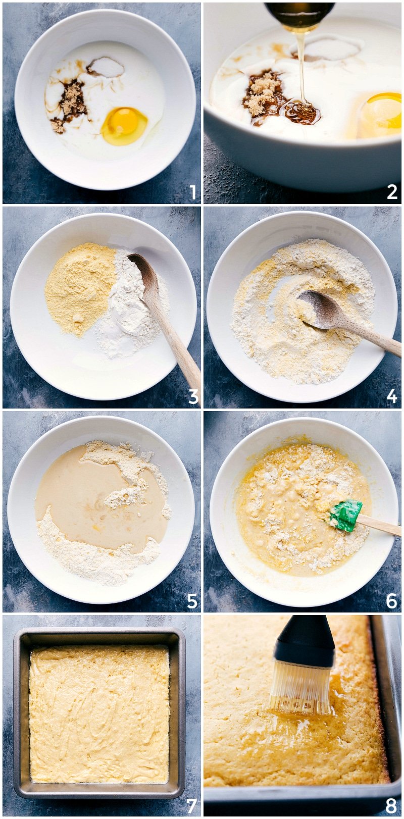 Process shots--images of the wet and dry ingredients being prepped; then mixed together; and poured into a prepared pan; and baked; spread with honey when slightly cool.
