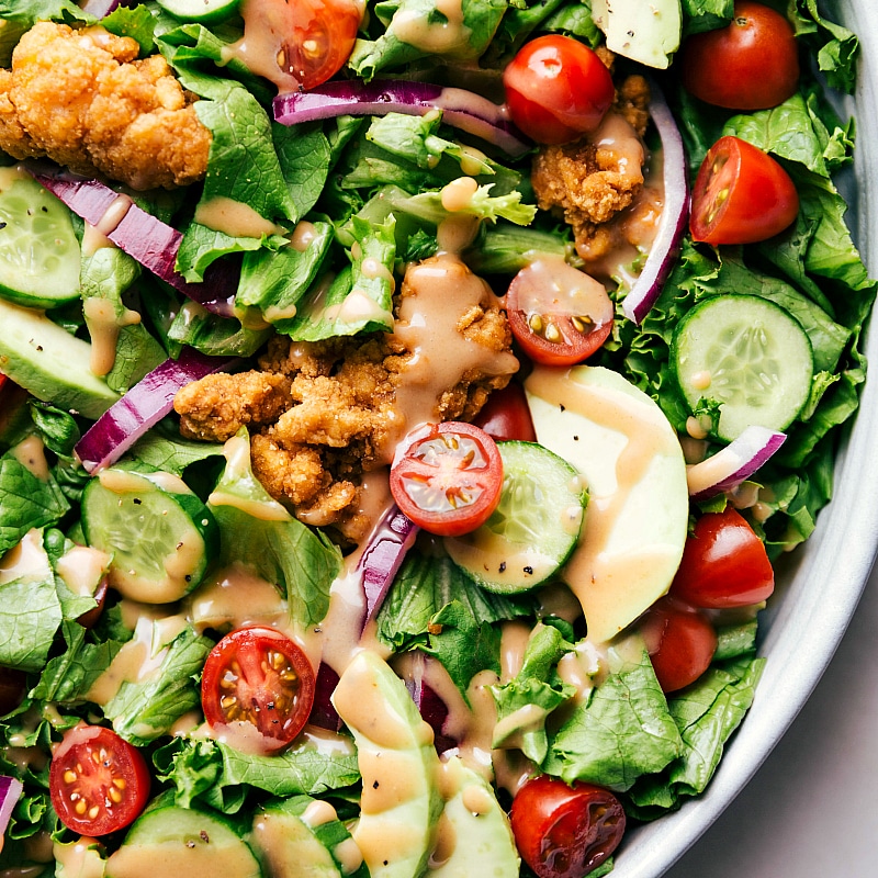 Overhead, up-close image of prepared Crispy Chicken Salad.