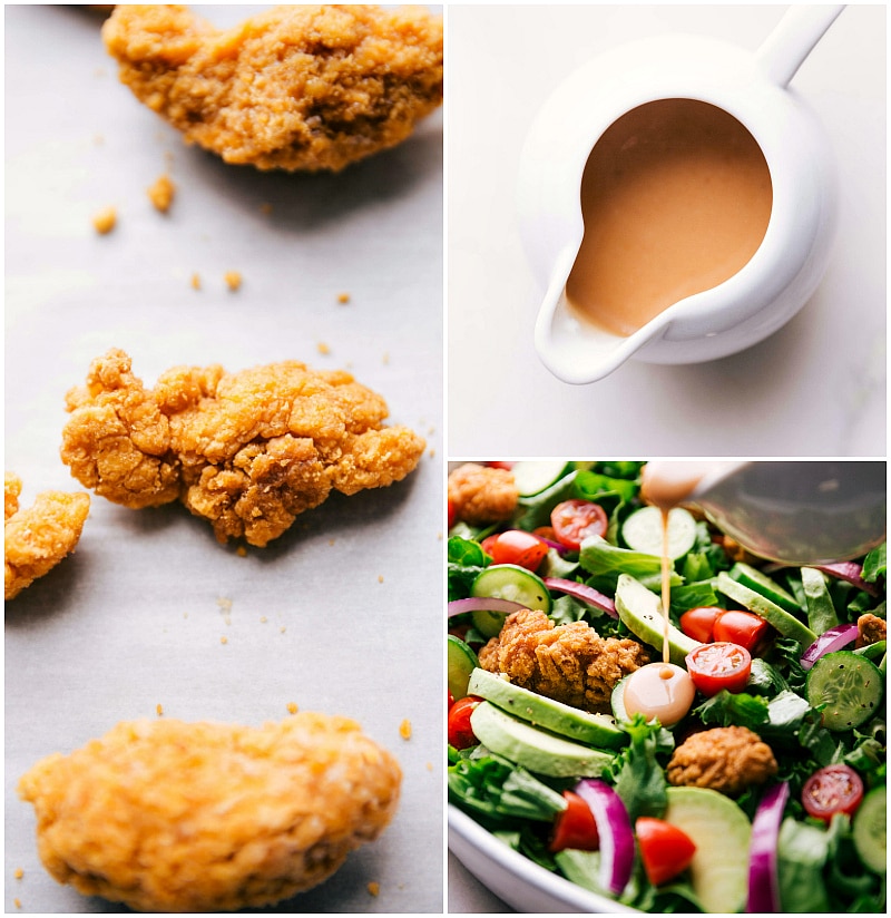 Image of the crispy chicken, sauce, and sauce being poured on the salad.