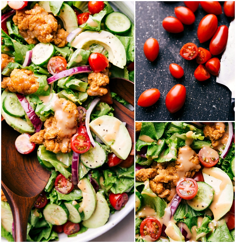 Tomatoes being added and mixed together with other ingredients.