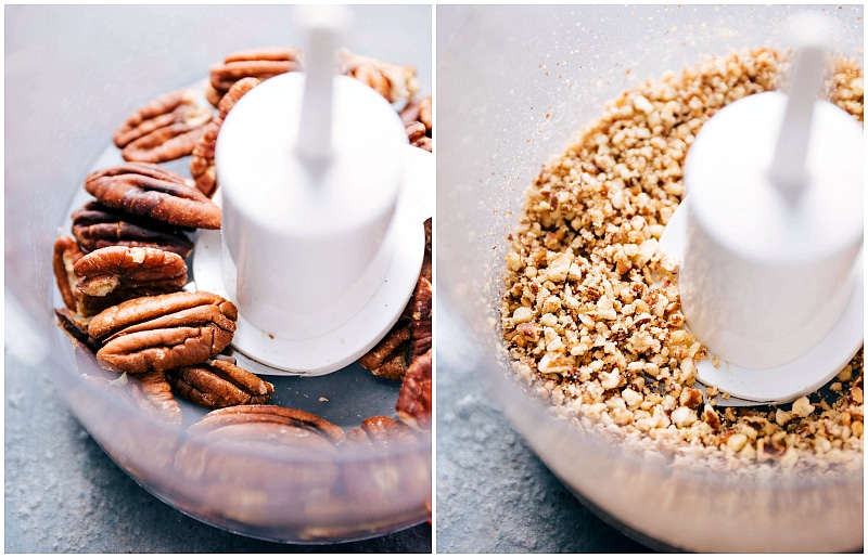 Pecans being chopped in a food processor for the recipe.