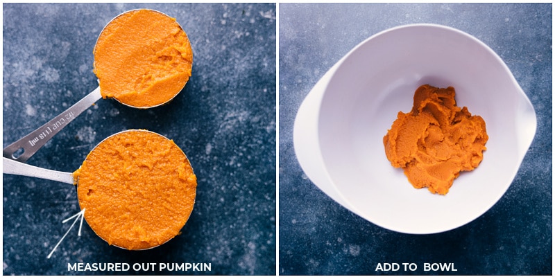 Pumpkin puree being precisely measured in a cup and then transferred into a mixing bowl.