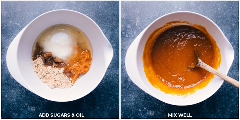 Ingredients including sugar and oil being poured into a bowl, then being stirred together.