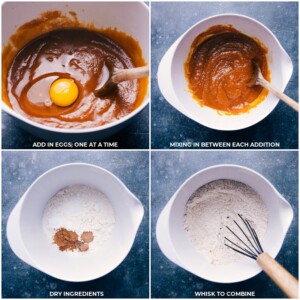 For the pumpkin muffins recipe, eggs are cracked and added to the wet mix, followed by dry ingredients being incorporated into the same bowl.