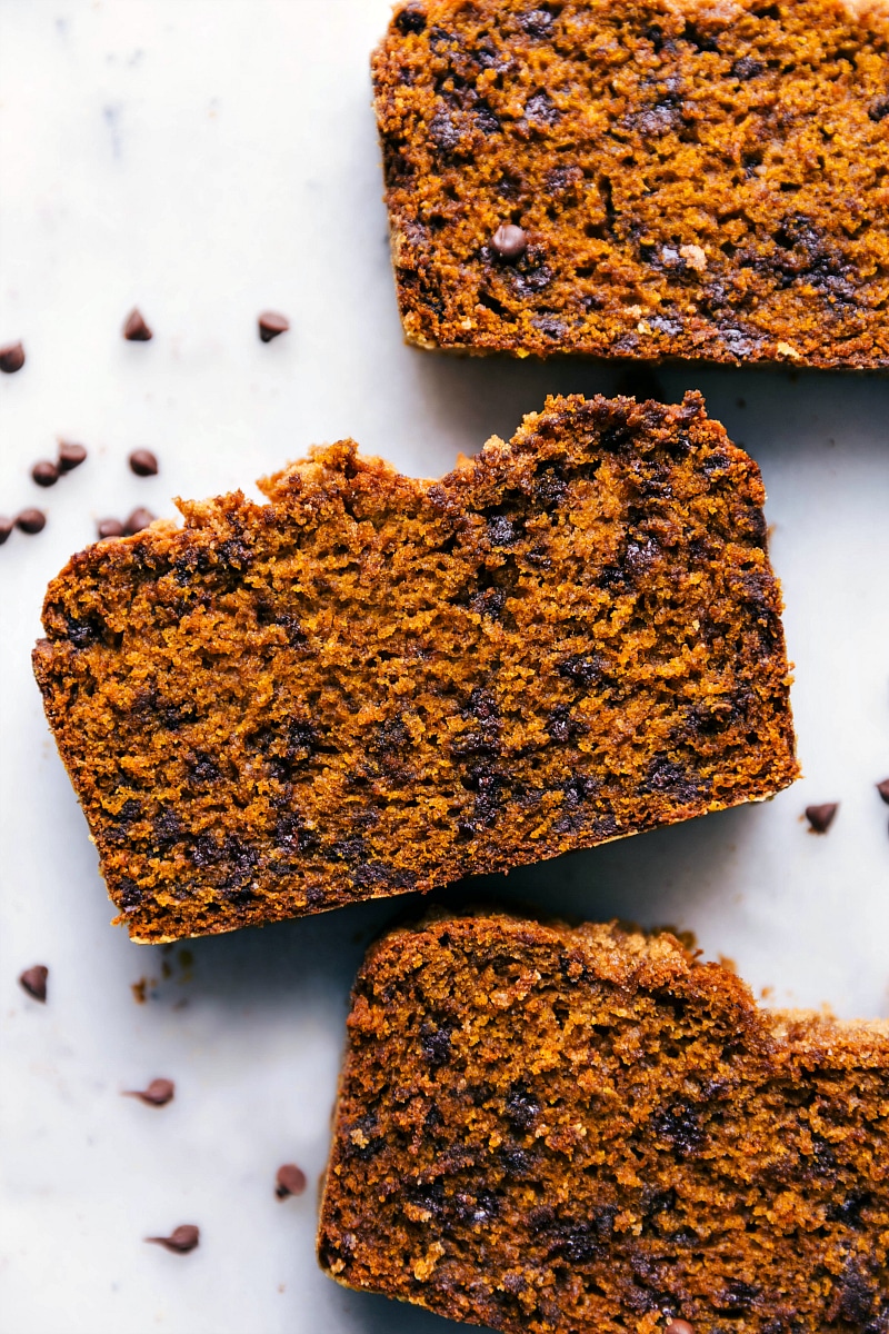 Overhead image of three slices of the Pumpkin Chocolate Chip Bread