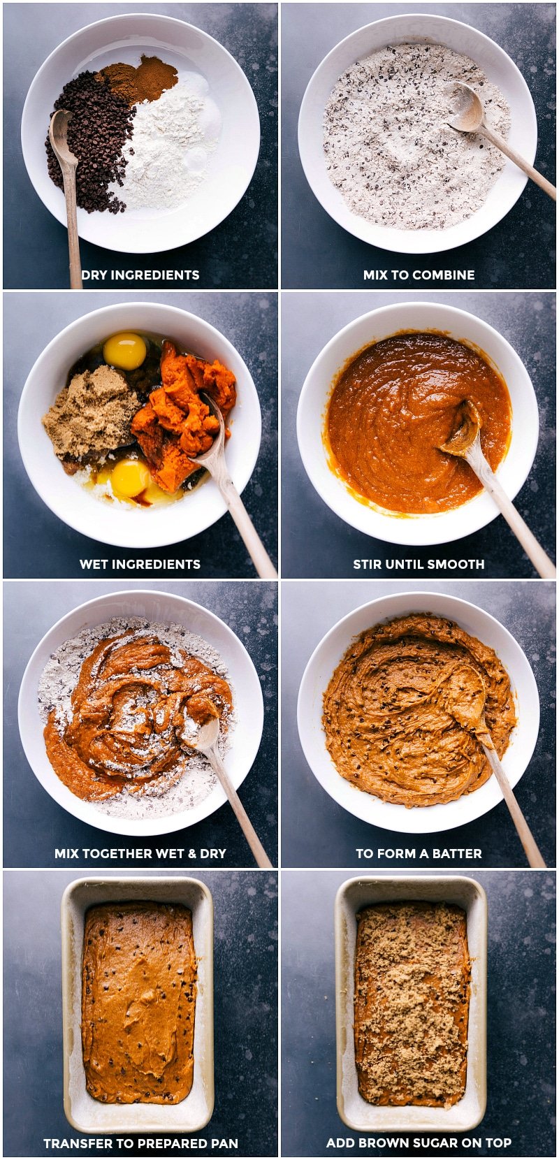 Combining wet and dry ingredients for the dessert and transferring the batter to a loaf pan.