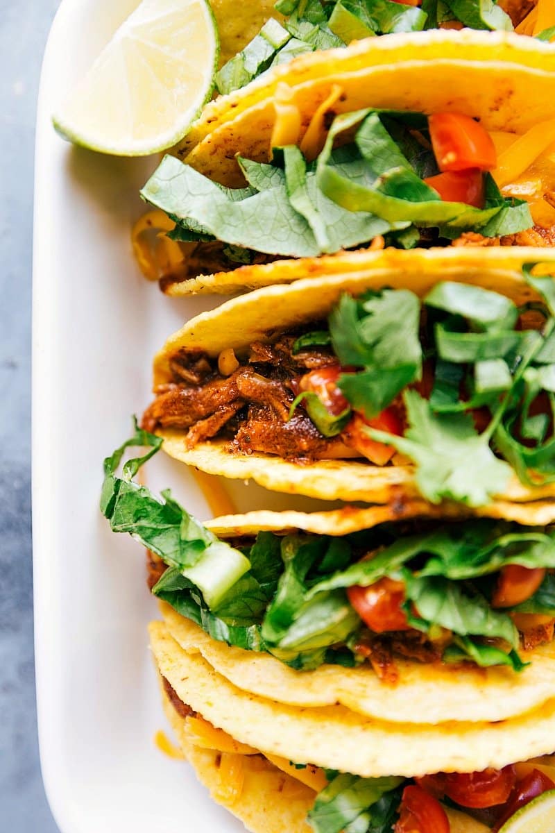 Overhead image of Rotisserie Chicken Tacos topped and ready to eat.