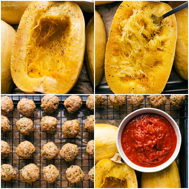 Process shots-- images of the spaghetti squash and meatballs being cooked; the marinara sauce being prepped.