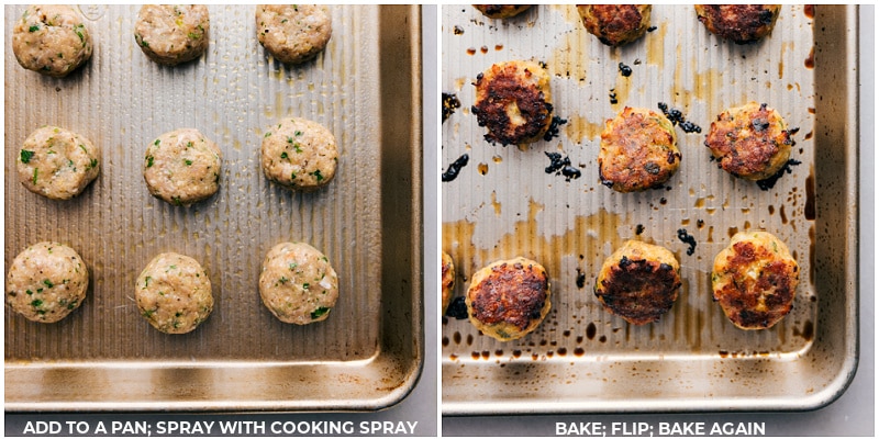 Ground turkey meatballs cooking in the oven, turning golden brown and delicious.