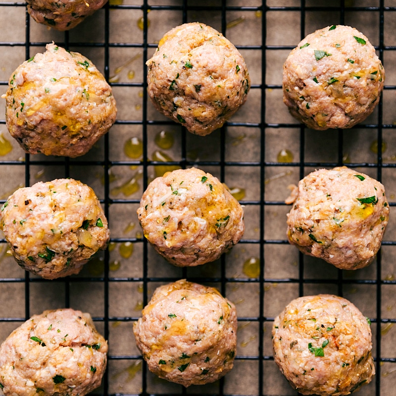 Overhead image of the turkey meatballs ready to be cooked for easy Spaghetti Squash and Turkey Meatballs.