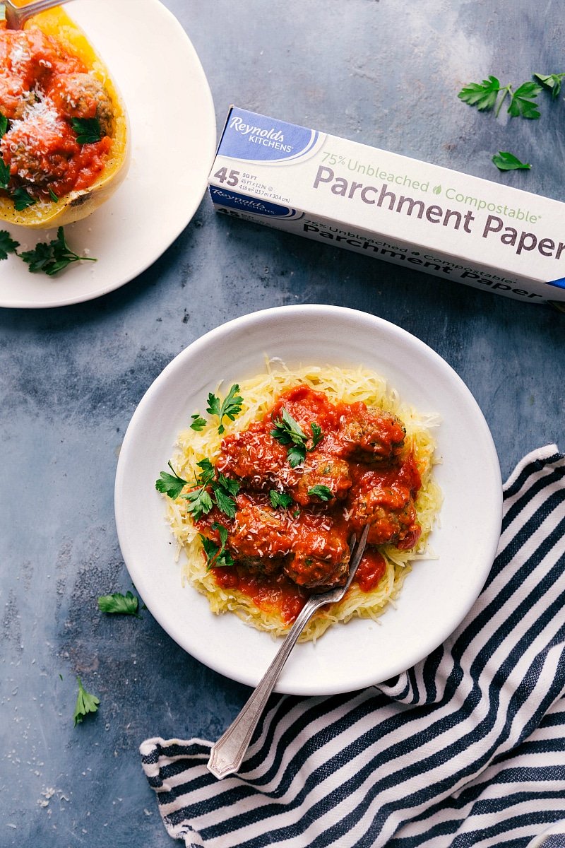 Overhead image of Spaghetti Squash with Turkey Meatballs.