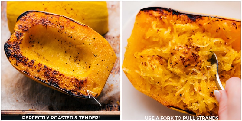 Process shots of the spaghetti squash with meatballs-- images of a fork pulling strands out of the spaghetti squash