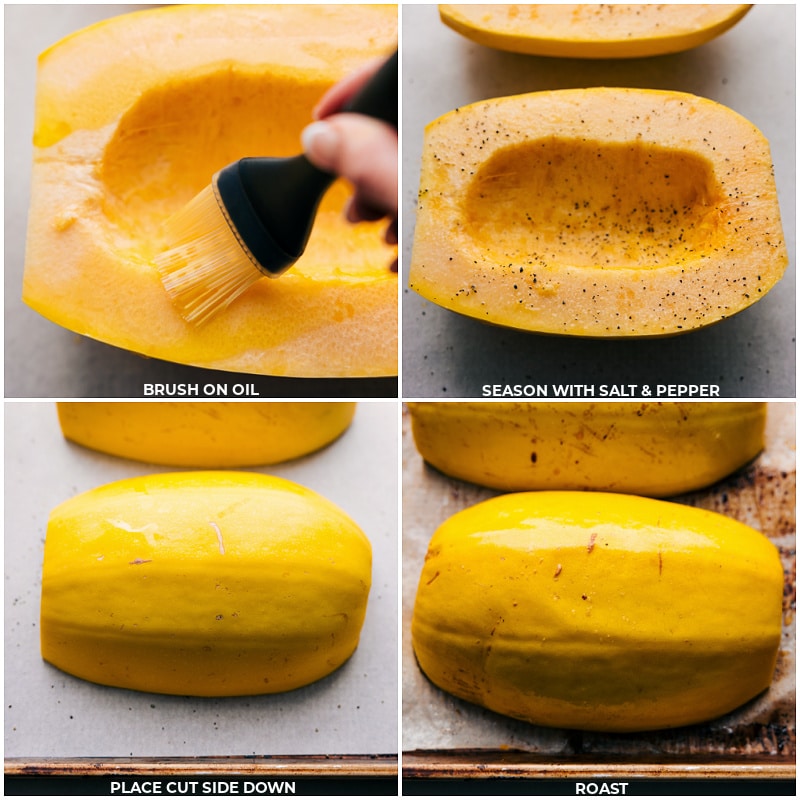 Process shots of spaghetti squash with meatballs-- images of the spaghetti squash being roasted
