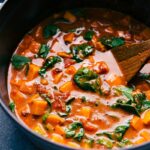 Sweet potato curry in the pot, delicious, warm, and aromatic.